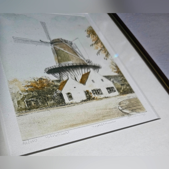 Vintage Framed Hand Coloured Engraving Dutch Windmill Signed A. Wieringa - Picture 4 of 9